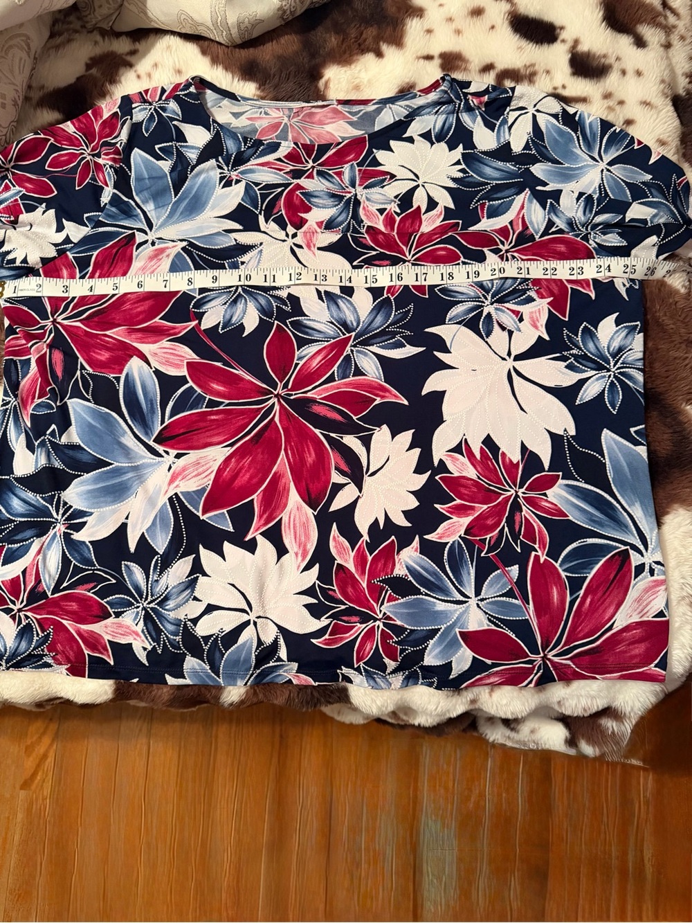 Women’s Navy Floral Boatneck Top with Pink and Light Blue Accents - Picture 2 of 3